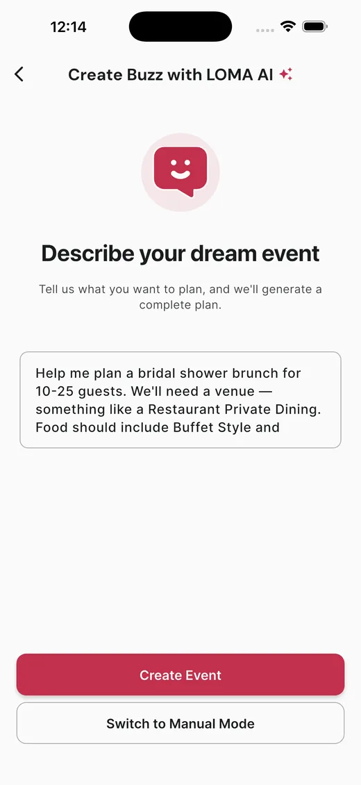 LOMA AI Create — describe your event in a sentence and AI builds the plan