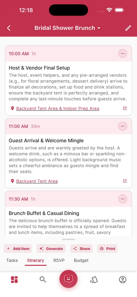 An AI-generated day-of itinerary timeline in the LOMA app