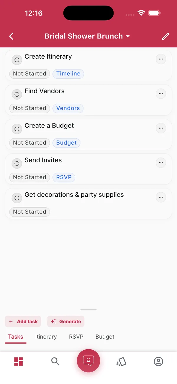 A LOMA event plan with Tasks, Itinerary, RSVP and Budget in one app