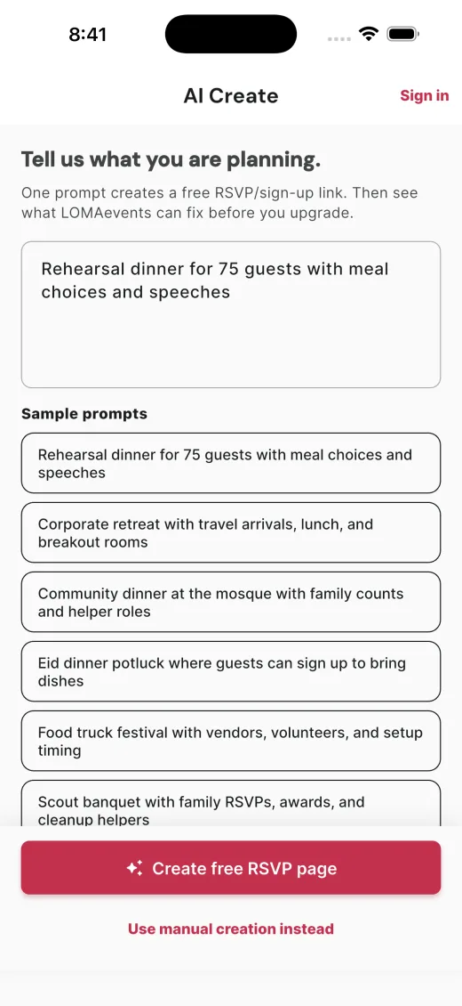 LOMAevents AI Create screen for creating a free RSVP link