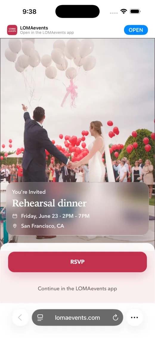 LOMAevents guest RSVP invite screen from the current app screenshots