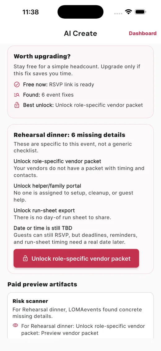 Current LOMAevents budget screenshot from Fastlane