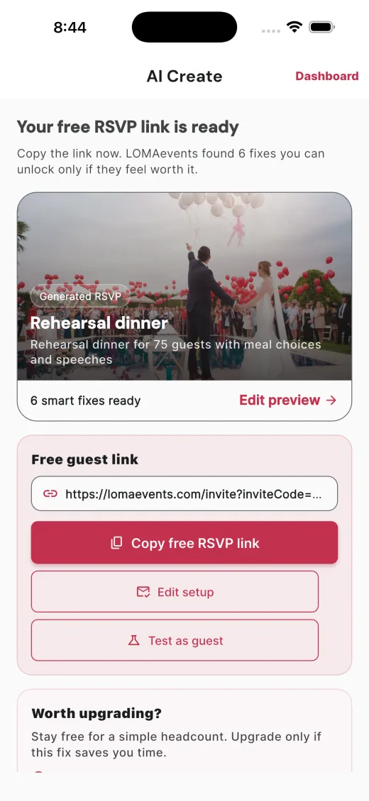 Current LOMAevents motion invite screenshot from Fastlane