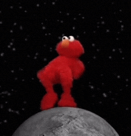 Animated Elmo dancing on a moon against a starry background