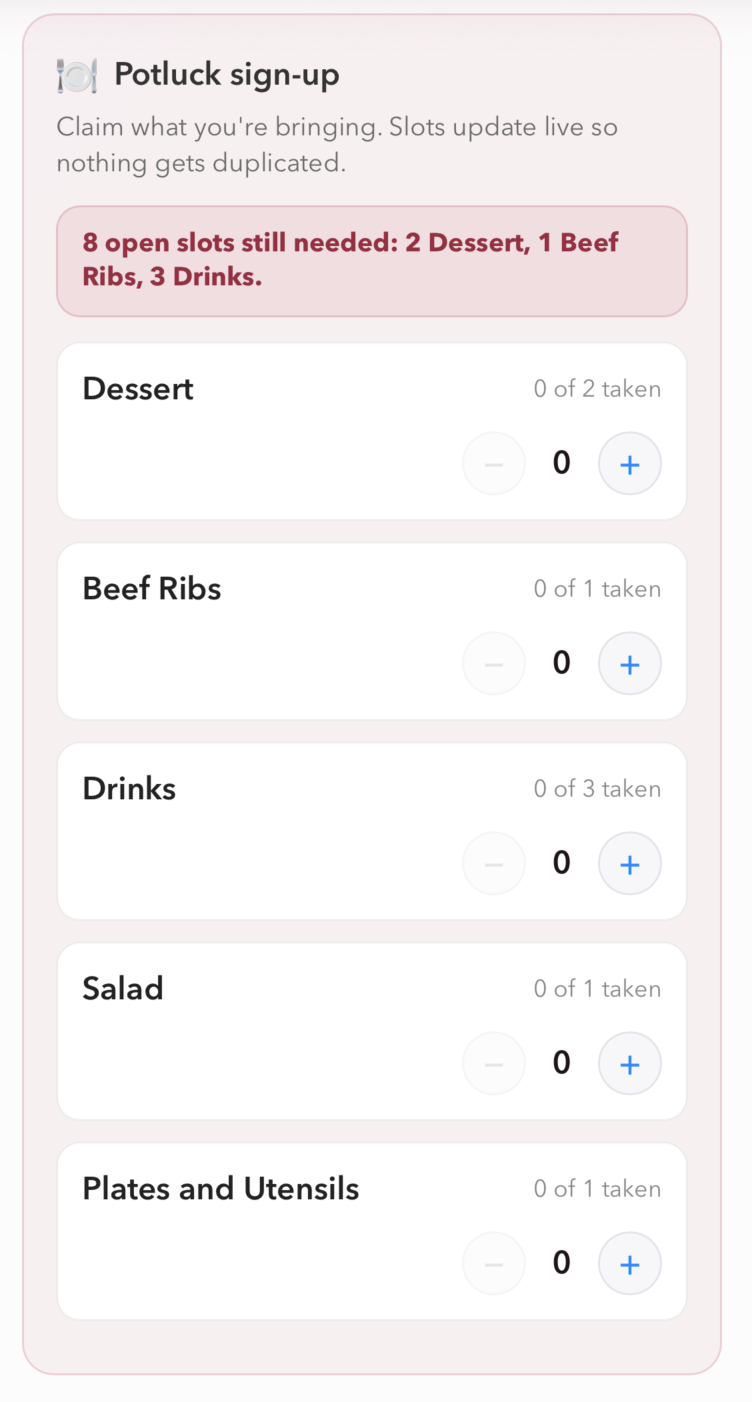 LOMAevents app screen showing potluck sign-up slots for dessert, beef ribs, drinks, salad, and plates.